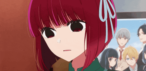 a girl with red hair has a blue ribbon around her neck