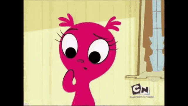 a pink cartoon character is standing in front of a window with cn written on the bottom of the screen .