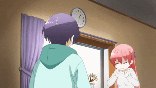 a boy and a girl are standing in front of a clock that shows the time as almost 5:00