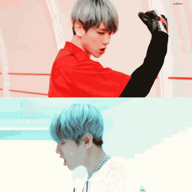 a collage of two pictures of a young man with a red shirt and silver hair