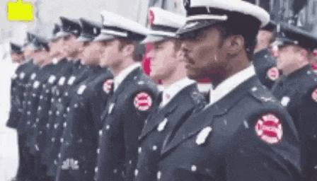 a group of firefighters are standing in a line .