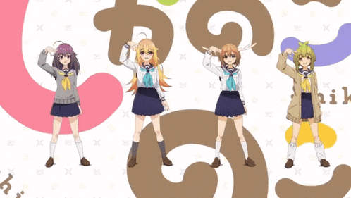 a group of anime girls standing next to each other with the word nik in the corner