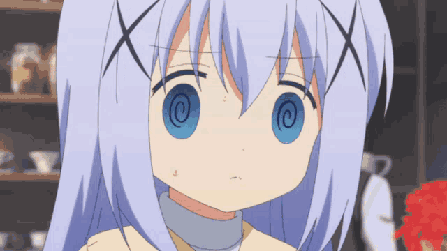 a girl with blue hair has a swirl in her eye