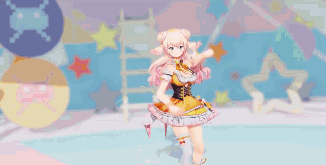 a girl with pink hair is dancing on a stage with a star in the background