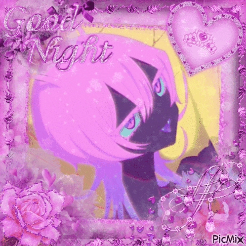 a picture of a girl with purple hair and the words good night on it
