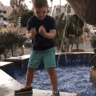 a young boy is standing in front of a fountain and dancing .