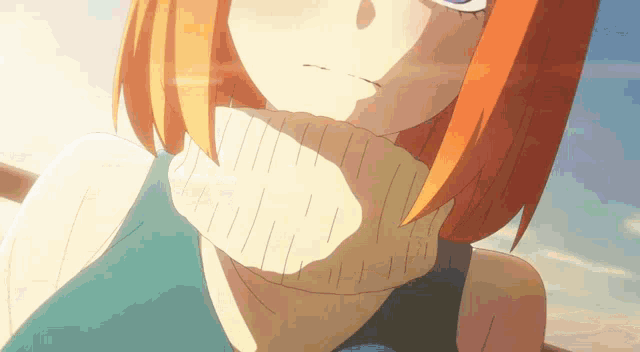a girl with orange hair is wearing a turtleneck sweater