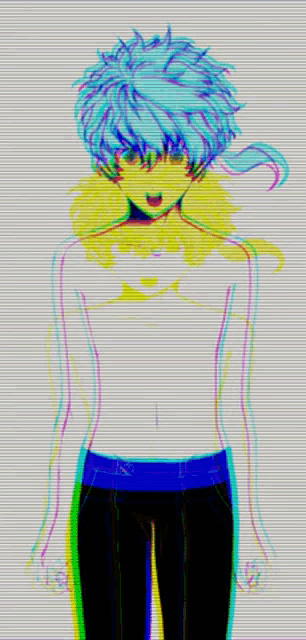 a shirtless anime character with blue hair and a yellow collar