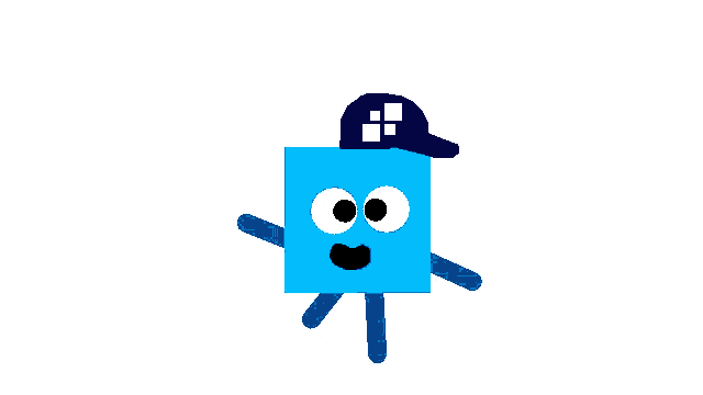 a blue cartoon character wearing a blue hat with a square on it