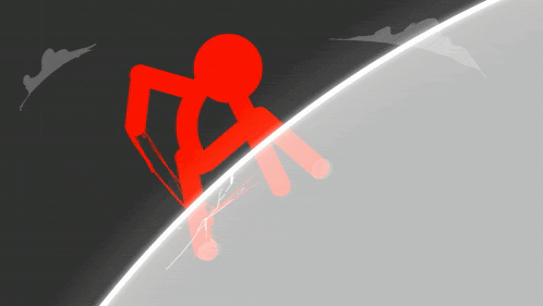 a red silhouette of a person sitting on a white surface with a lightning bolt in the background
