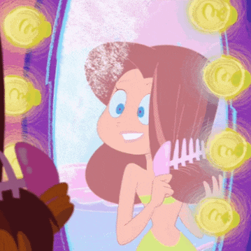 a cartoon girl is brushing her hair in front of a mirror with the letter c on it
