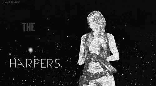 two women are standing next to each other with the words the harpers behind them