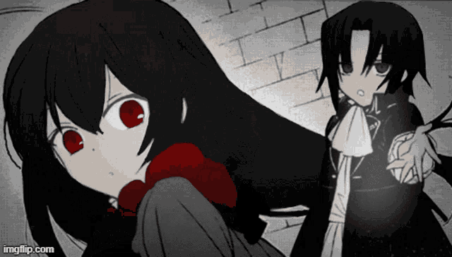 a girl with red eyes is standing next to a man with black hair