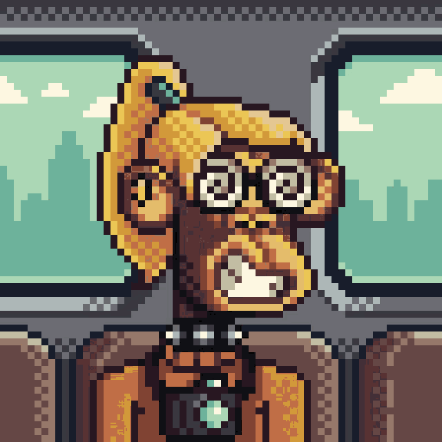a pixel art drawing of a monkey wearing glasses and a ponytail