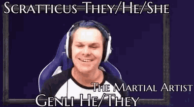 a picture of a man wearing headphones with the words " the martial artist genli he / they "