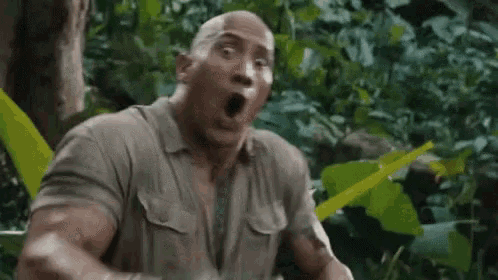 the rock is making a surprised face in the jungle while holding a machete .