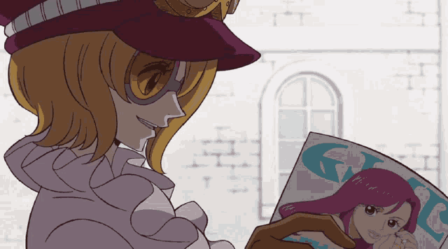 a cartoon of a woman holding a magazine with the word g on it