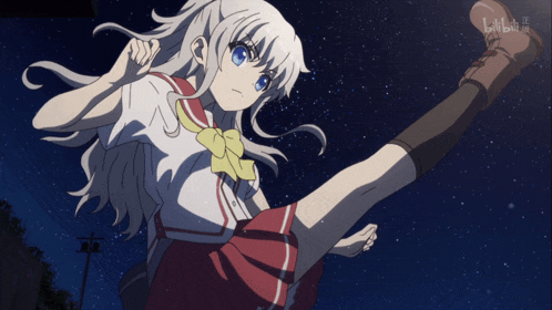 a girl in a red and white skirt is kicking her leg up in the air