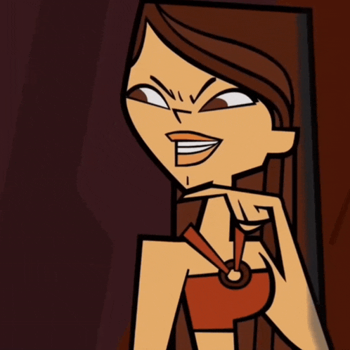 a cartoon girl with long brown hair is smiling and pointing at the camera