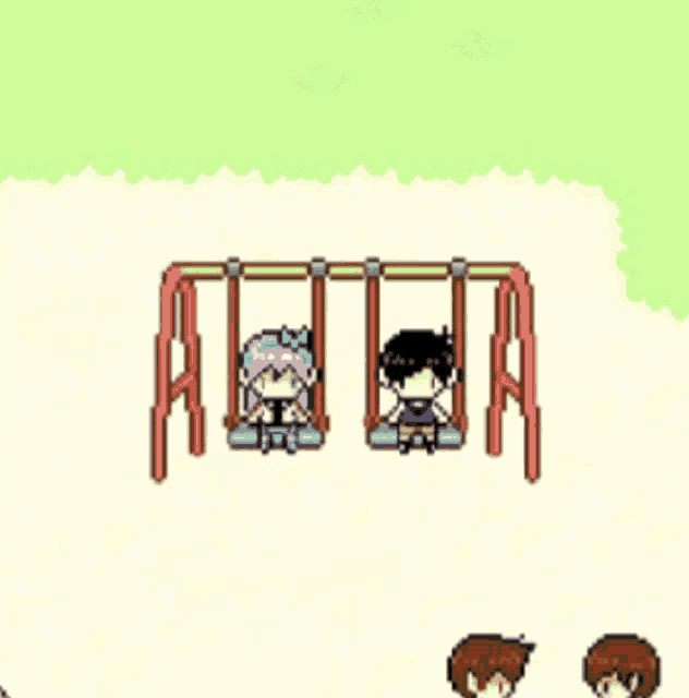 a girl and a boy are sitting on a swing in a video game