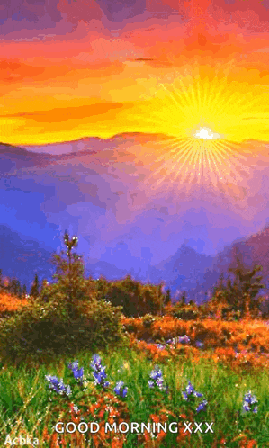 a painting of a sunset over a mountain range with the words good morning xxx