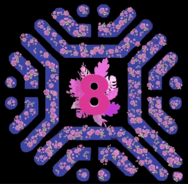 the number 8 is surrounded by pink roses on a black background