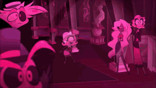 a group of cartoon characters standing next to each other in a room .
