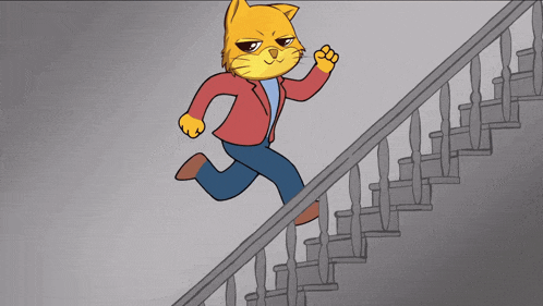 a cartoon of a cat running down stairs