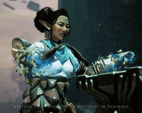 a video game character with the words virtual for division misthios in training below her