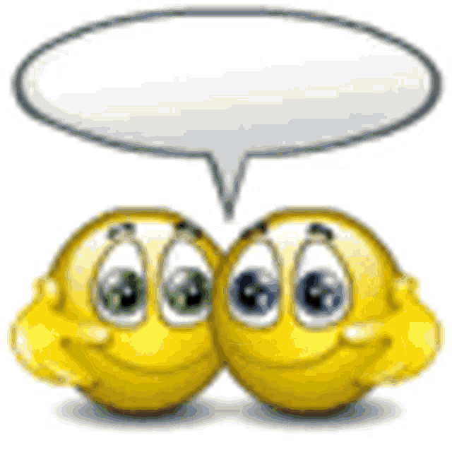 two smiley faces with a speech bubble between them .