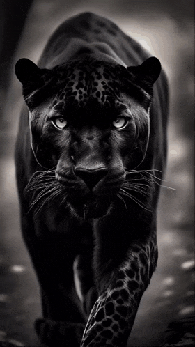 a black and white photo of a black leopard