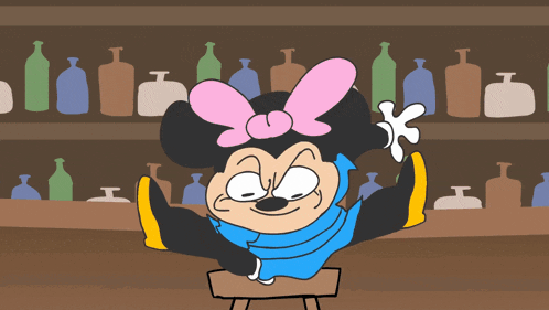 a cartoon of minnie mouse sitting at a bar with bottles in the background