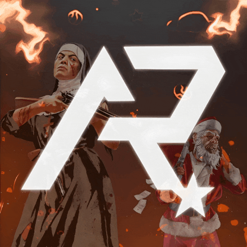 a nun holding a gun next to a man in a santa claus outfit