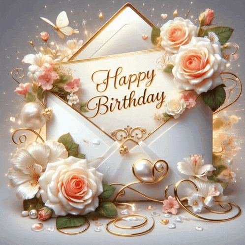 an envelope with flowers and pearls and a card that says happy birthday