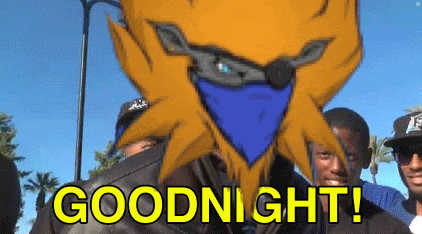 a cartoon of a man wearing a bandana with the words goodnight written in yellow