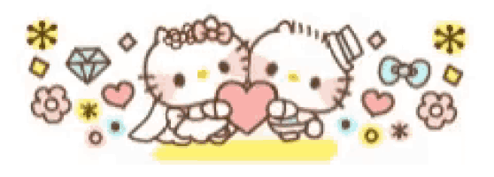 a couple of hello kitty characters holding a heart .