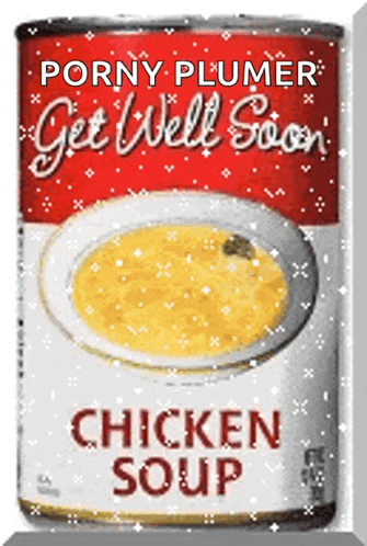 a can of porny plumer chicken soup with a white bowl