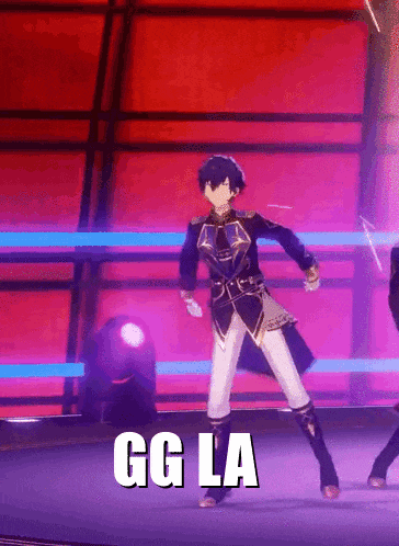 a man is dancing on a stage with the words gg la written above him