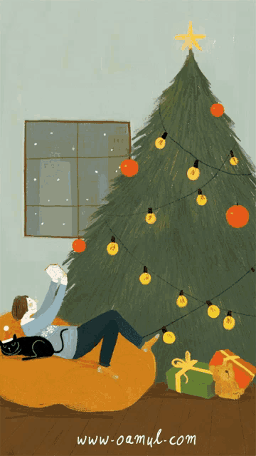 an illustration of a person reading a book next to a christmas tree with the website www.oamul.com at the bottom