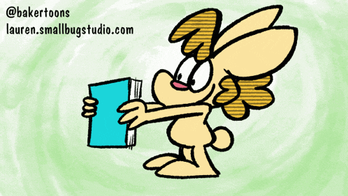 a cartoon of a rabbit reading a book with the website lauren.smallbugsstudio.com written on the bottom