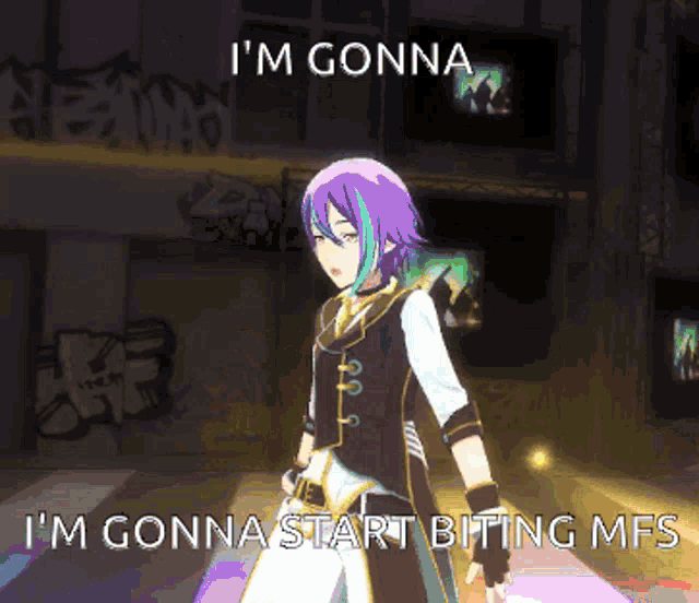 a purple haired anime character is standing in front of a building with graffiti on it