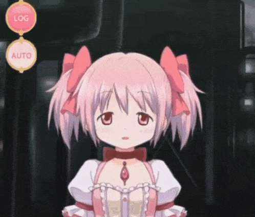 a girl with pink hair is surrounded by bubbles and flowers and a log and auto button
