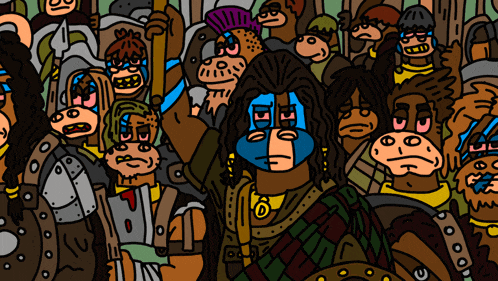 a cartoon drawing of a group of monkeys with one wearing a blue mask