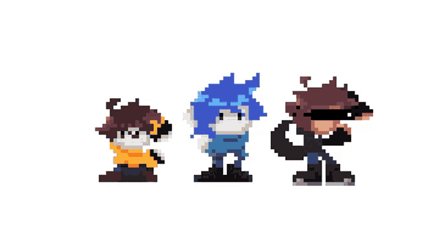 a pixel art of three characters standing next to each other