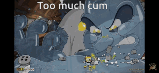 a screenshot of a video game with the words too much cum at the top