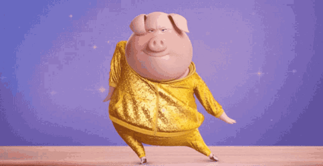 a cartoon pig in a gold suit is dancing