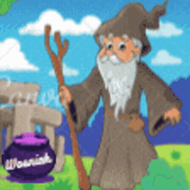 a cartoon of a wizard holding a cane next to a pot that says whoanik