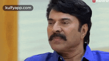 a man with a mustache wearing a blue shirt is looking at the camera .