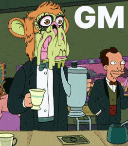 a cartoon of a man with a monkey head holding a cup