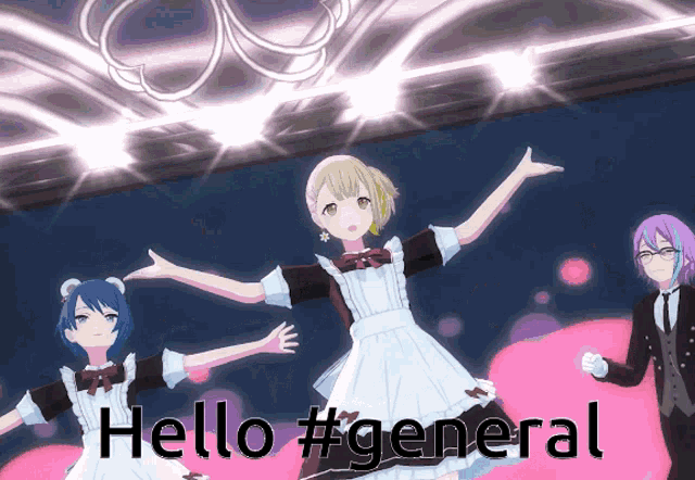 a group of anime characters are dancing and the words hello #general are visible